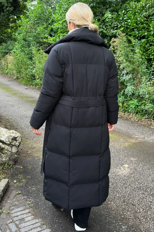 Black Tie Waist Quilted Longline Puffer Coat