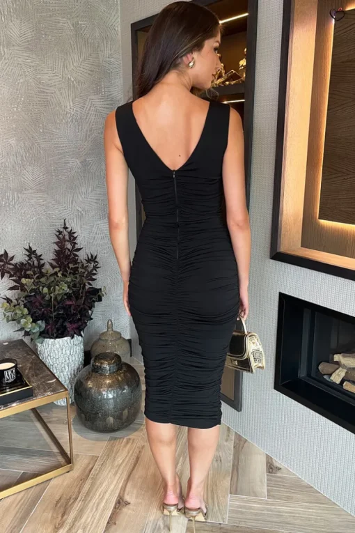 Black V Neck Ruched Bodycon Midi Dress
