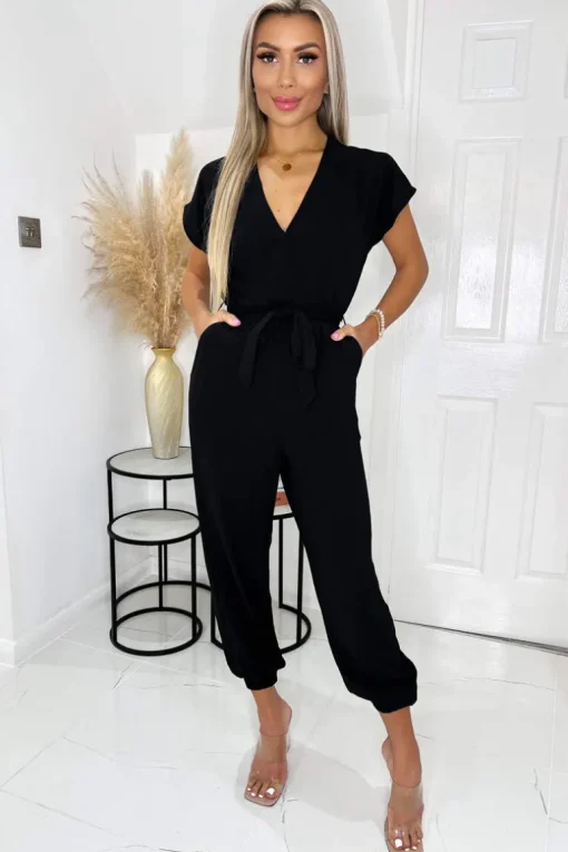 Black V Neck Short Sleeve Belted Elasticated Cuff Jumpsuit