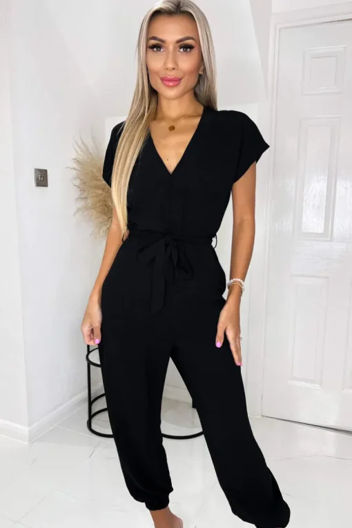 Black V Neck Short Sleeve Belted Elasticated Cuff Jumpsuit