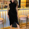 Black Velvet Knot Detail Wrap Skirt Midi Dress