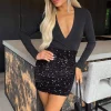 Black Velvet Sequin 2 in 1 Wrap Top Long Sleeve Mini Dress