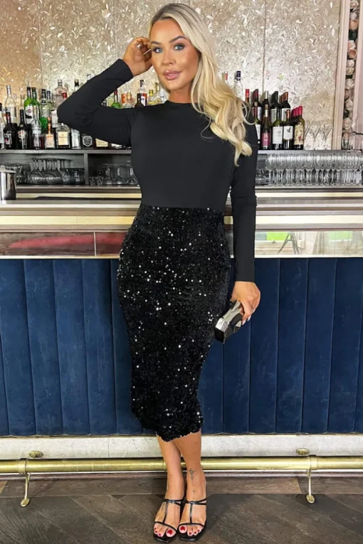 Black Velvet Sequin 2 in 1 Long Sleeve Midi Dress