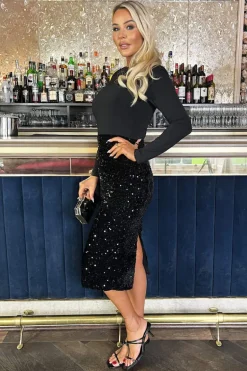 Black Velvet Sequin 2 in 1 Long Sleeve Midi Dress