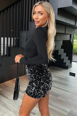 Black Velvet Sequin 2 in 1 Long Sleeve Playsuit
