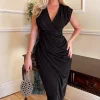 Black Wrap Draped Midi Dress