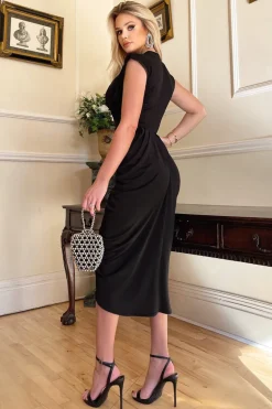Black Wrap Draped Midi Dress
