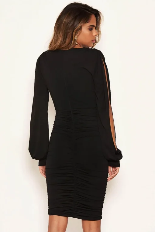 Black Wrap Over Ruched Bodycon Dress