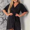 Black Wrap Top Belted Short Sleeve Plisse Mini Dress