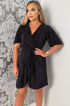 Black Wrap Top Belted Short Sleeve Plisse Mini Dress