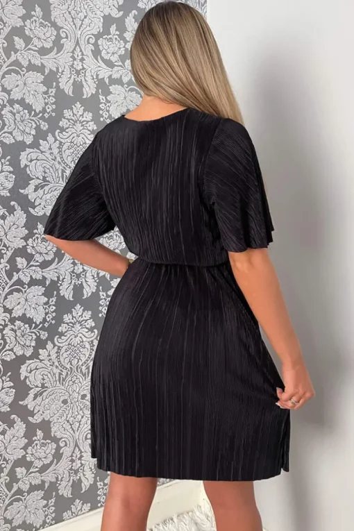 Black Wrap Top Belted Short Sleeve Plisse Mini Dress