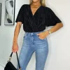 Black Wrap Top Butterfly Sleeve Plisse Bodysuit