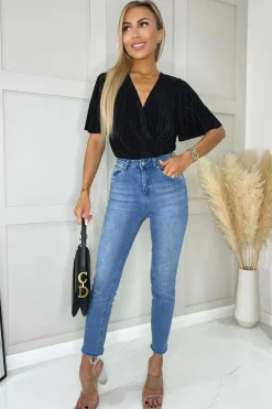 Black Wrap Top Butterfly Sleeve Plisse Bodysuit