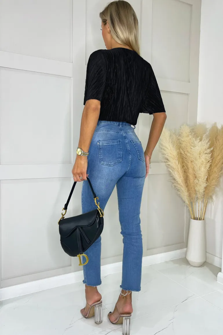 Black Wrap Top Butterfly Sleeve Plisse Bodysuit