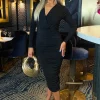 Black Wrap Top Long Sleeve Ruched Bodycon Midi Dress