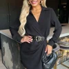 Black Wrap Top Long Sleeve Belted Mini Dress