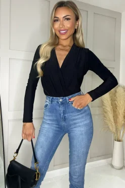Black Wrap Top Long Sleeve Slinky Bodysuit