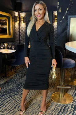 Black Wrap Top Long Sleeve Ruched Bodycon Midi Dress
