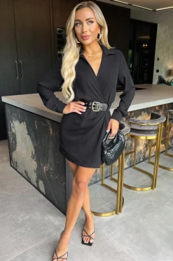 Black Wrap Top Long Sleeve Belted Mini Dress