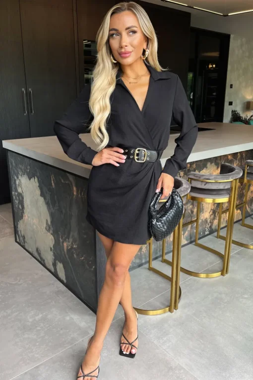 Black Wrap Top Long Sleeve Belted Mini Dress