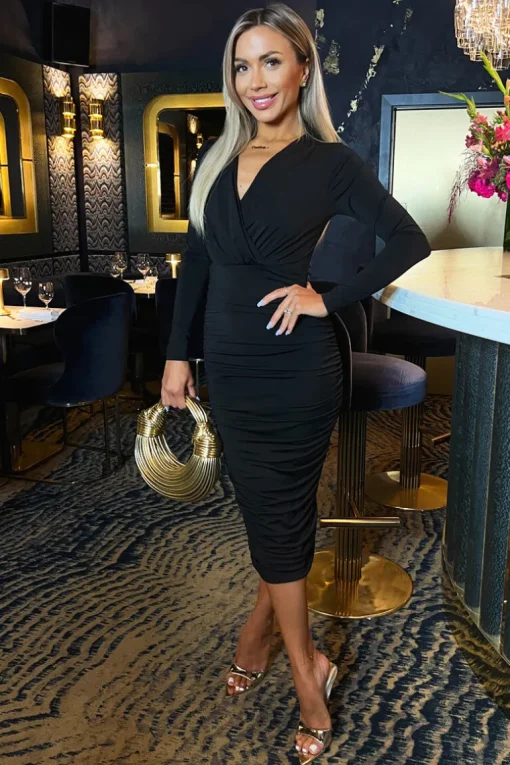 Black Wrap Top Long Sleeve Ruched Bodycon Midi Dress
