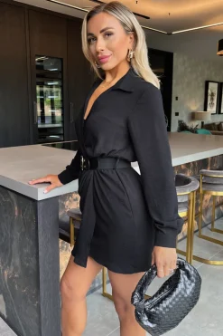Black Wrap Top Long Sleeve Belted Mini Dress