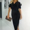 Black Wrap Top Short Sleeve Plisse Gathered Midi Dress