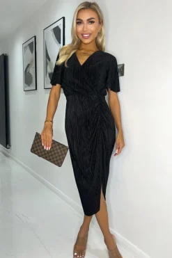 Black Wrap Top Short Sleeve Plisse Gathered Midi Dress