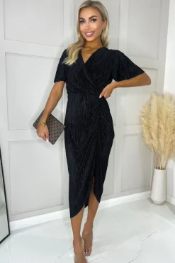 Black Wrap Top Short Sleeve Plisse Gathered Midi Dress