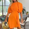 Blood Orange Batwing Gathered Top Mini Dress