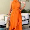 Blood Orange Halterneck Dipped Hem Midi Dress