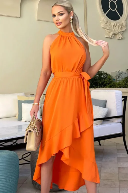 Blood Orange Halterneck Dipped Hem Midi Dress