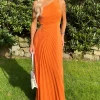 Blood Orange One Shoulder Cut Out Pleated Midi Dress