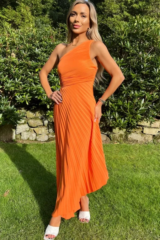 Blood Orange One Shoulder Cut Out Pleated Midi Dress