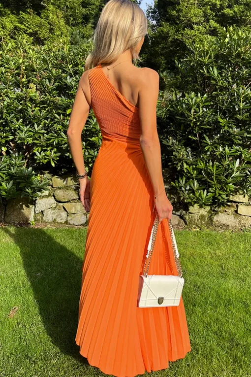 Blood Orange One Shoulder Cut Out Pleated Midi Dress