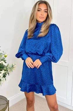Blue And Black Printed High Neck Skater Dress