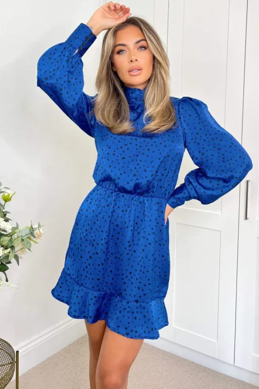 Blue And Black Printed High Neck Skater Dress