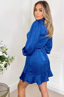 Blue And Black Printed High Neck Skater Dress