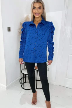 Blue And Black Printed Long Ruched Sleeve Shirt