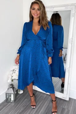 Blue And Black Printed Wrap Midi Dress