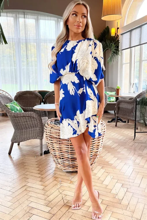 Blue And Cream Floral Printed Round Neck Mini Dress