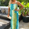 Blue And Green Smudge Stripe Print Tie Waist Strappy Midi Dress