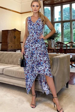 Blue And Red Floral Printed V Neck Zig Zag Pleated Midi Dress