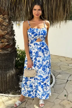 Blue And White Floral Print Strappy Cut Out Midi Dress