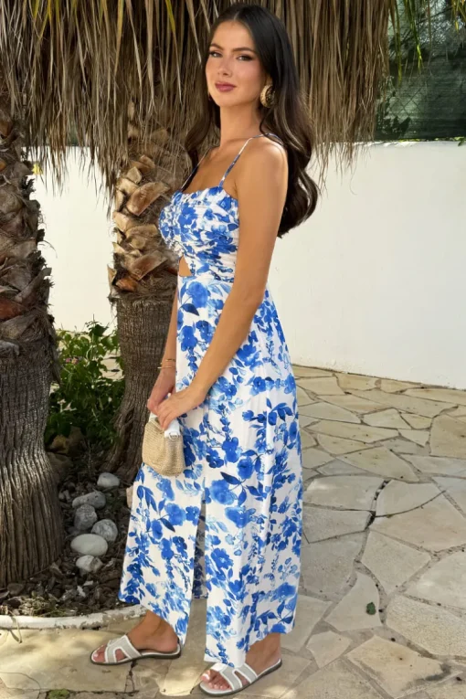 Blue And White Floral Print Strappy Cut Out Midi Dress