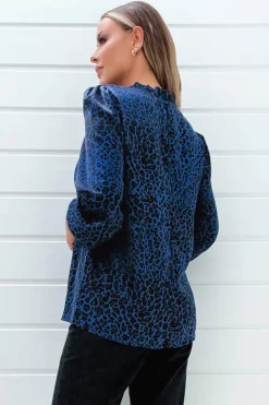 Blue Animal Print Long Sleeve Blouse