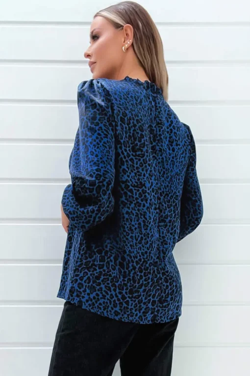 Blue Animal Print Long Sleeve Blouse