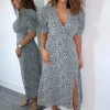 Blue Animal Print Pleated Sleeve Midi Dress
