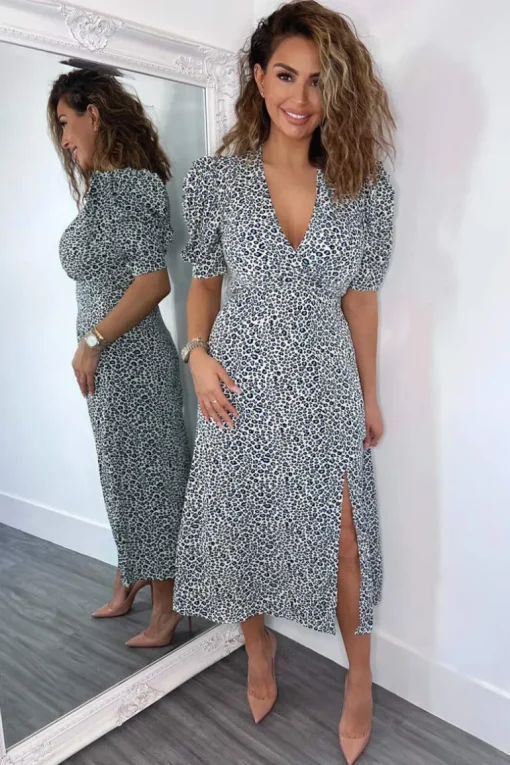 Blue Animal Print Pleated Sleeve Midi Dress