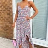 Blue Floral Frill Hem Strappy Midi Dress